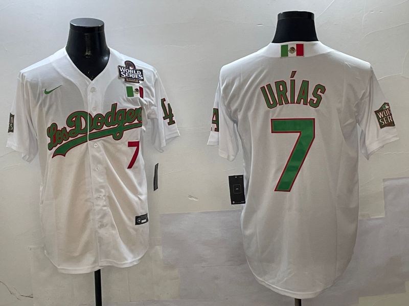 Men Los Angeles Dodgers 7 Urias White Green Game 2025 Nike MLB Jersey style 3201